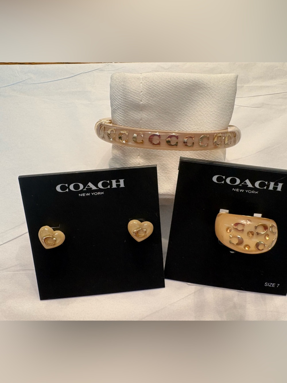 Coach Beige & Gold Enamel Bracelet, Ring and Heart Stud Set